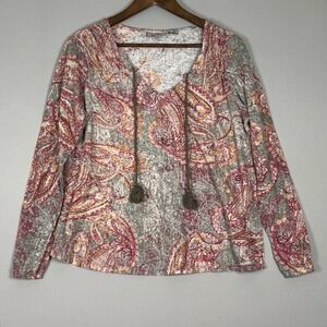 Jason Maxwell Paisley Top Women XL Pink Grey NWOT Boho Tassel V-Neck Blouse